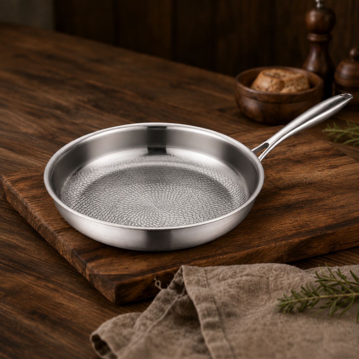 Hammered titanium frying pan with long steel handle on a wooden cutting board