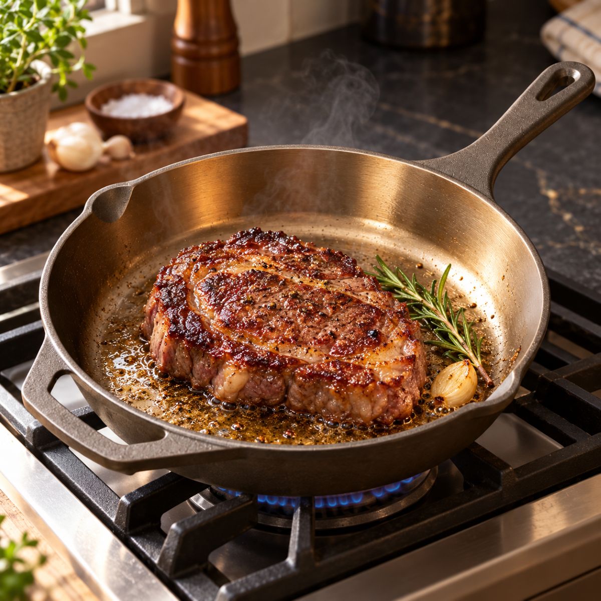 Searing a ribeye steak with rosemary and garlic in the Kazan cast iron skillet