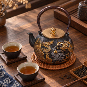 Longfeng cast iron teapot seen from above beside two cups of tea