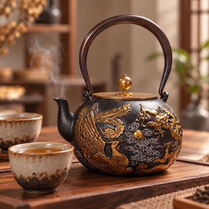 Longfeng cast iron teapot with steam rising from the spout beside two tea cups