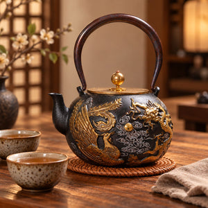 Longfeng cast iron teapot on a wooden table with two cups of tea