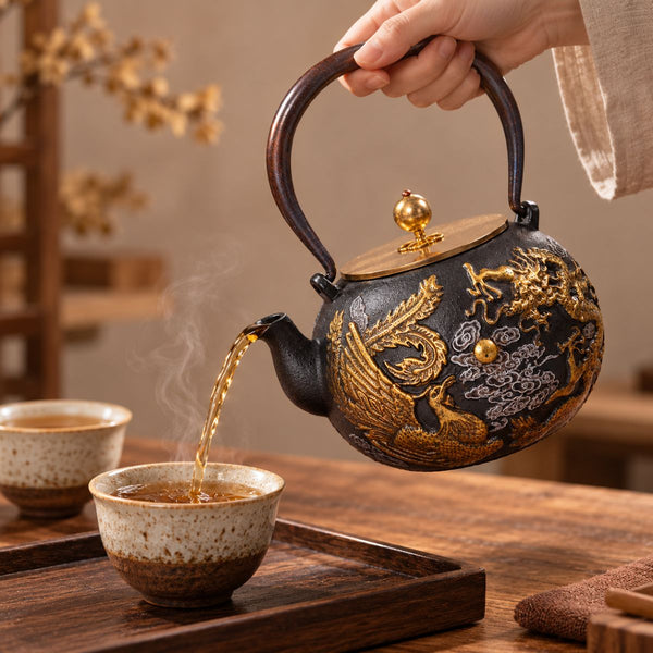 Tea poured from the Longfeng cast iron teapot into a ceramic cup