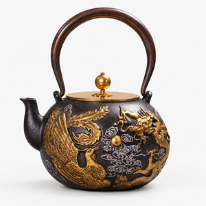 Longfeng cast iron teapot with copper handle and lid on a white background