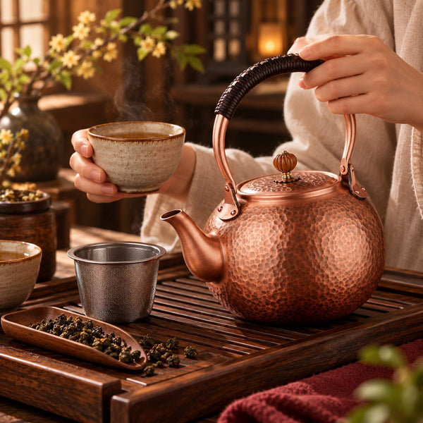 Hand lifting the Auren copper teapot beside its removable infuser and a cup of tea