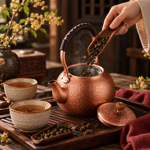 Loose tea leaves poured into the infuser of the Auren copper teapot