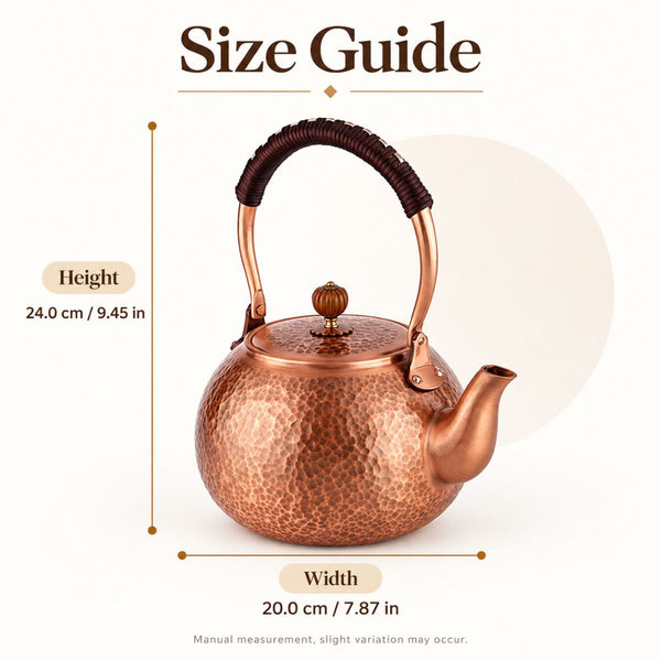 Auren copper teapot size guide, 9.45 in high and 7.87 in wide (24 × 20 cm)