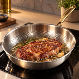 Ribeye steak with rosemary and garlic in the hammered titanium frying pan with gold handle on an induction cooktop