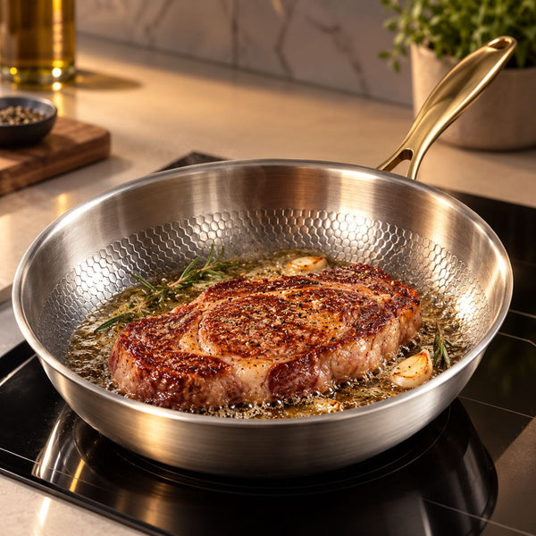 Ribeye steak with rosemary and garlic in the hammered titanium frying pan with gold handle on an induction cooktop