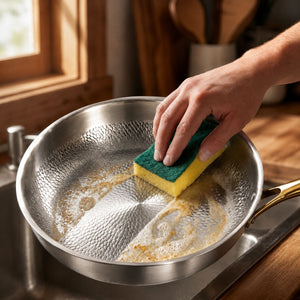 Washing the hammered titanium frying pan with gold handle with a sponge