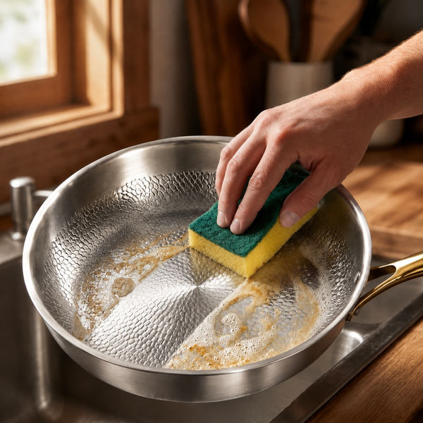 Washing the hammered titanium frying pan with gold handle with a sponge