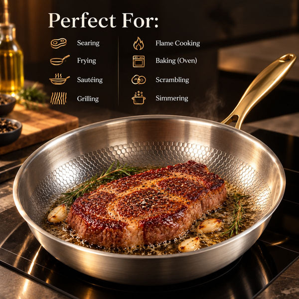 Ribeye steak searing in the hammered titanium frying pan with gold handle