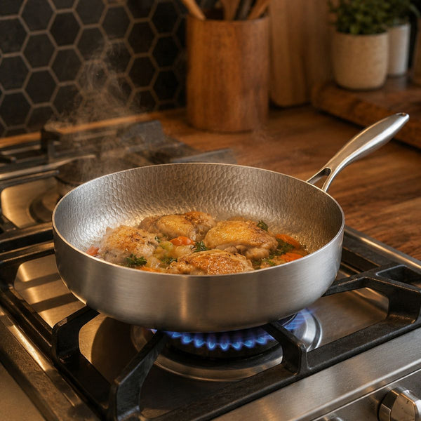 Chicken stew simmering in the high-wall titanium pan on a gas cooktop