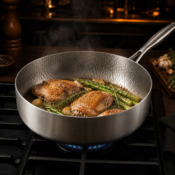 Chicken thighs and asparagus cooking in the deep titanium pan over gas