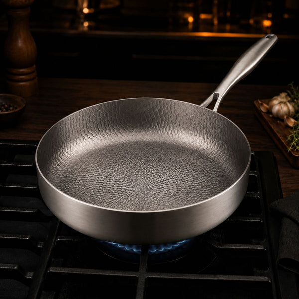 Empty deep titanium frying pan heating over a gas flame, hammered base visible
