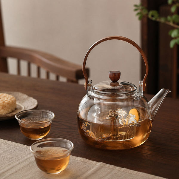 Hikari glass kettle and two filled glass cups on a wooden table