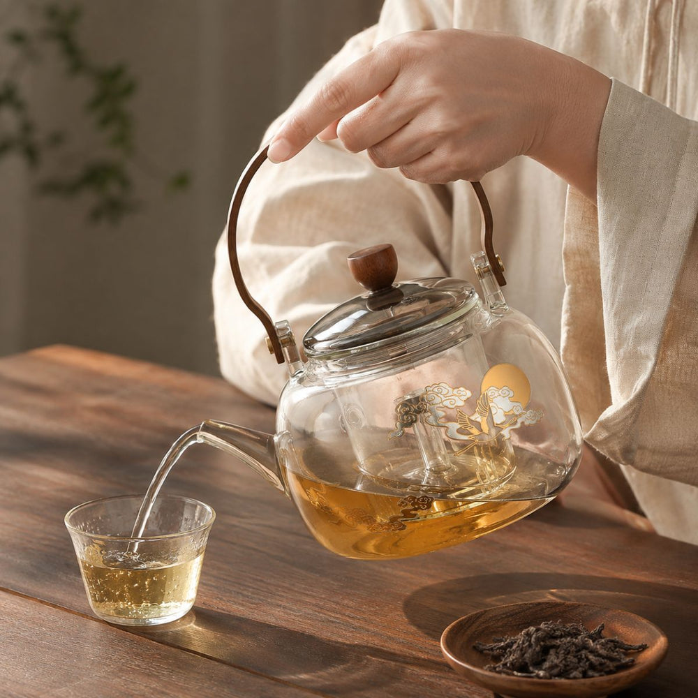 Hikari glass tea kettle with wooden handle and gold cloud motif on a table