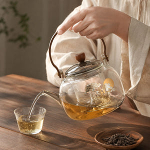 Tea poured from the Hikari glass kettle into a small glass cup