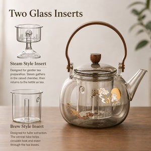 Diagram of the Hikari kettle's two glass inserts, steam style and brew style