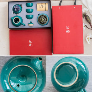 Jing jade blue tea set in its gift box with carrier bag, plus teapot close-ups