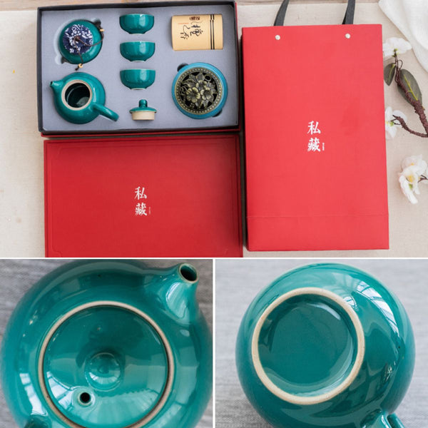 Jing jade blue tea set in its gift box with carrier bag, plus teapot close-ups