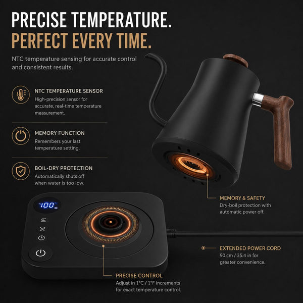 Kairo Electric gooseneck kettle with temperature control – 0.9L, 1200W - Matte Black