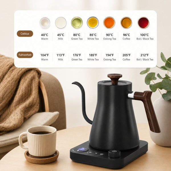 Kairo Electric gooseneck kettle with temperature control – 0.9L, 1200W - Matte Black