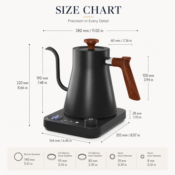 Kairo Electric gooseneck kettle with temperature control – 0.9L, 1200W - Matte Black