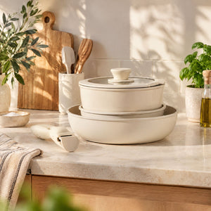 Kasane cookware set stacked on a kitchen counter