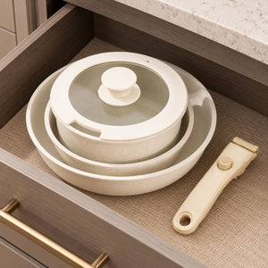Kasane cookware set stacked in a kitchen drawer