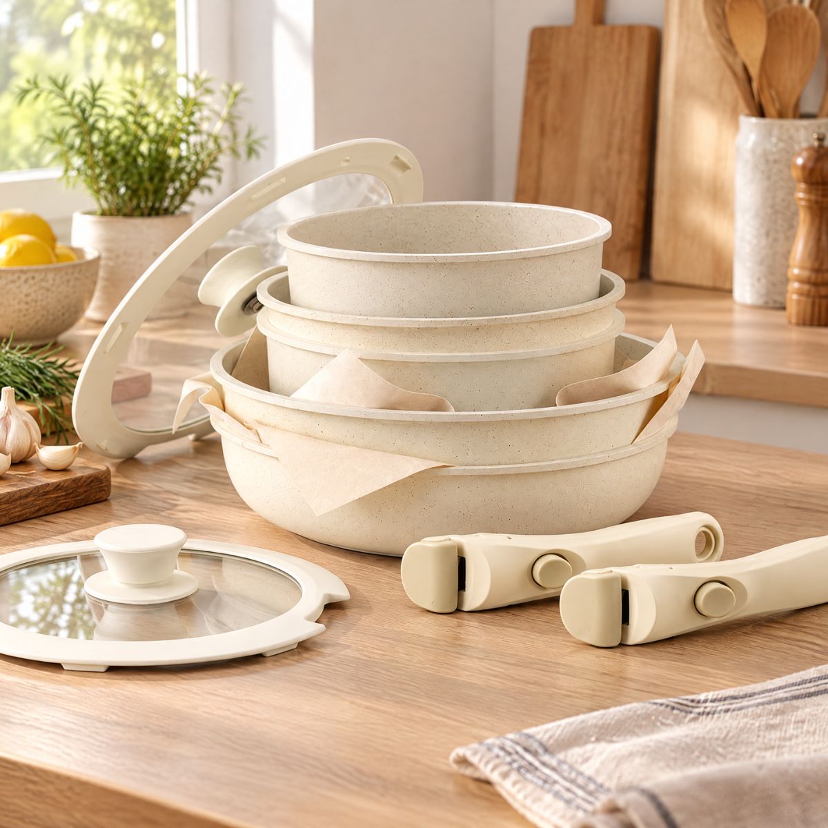 Kasane cookware set stacked with the detachable handles beside it