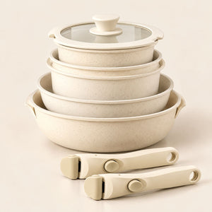 Kasane 11-piece nonstick cookware set stacked with two detachable handles