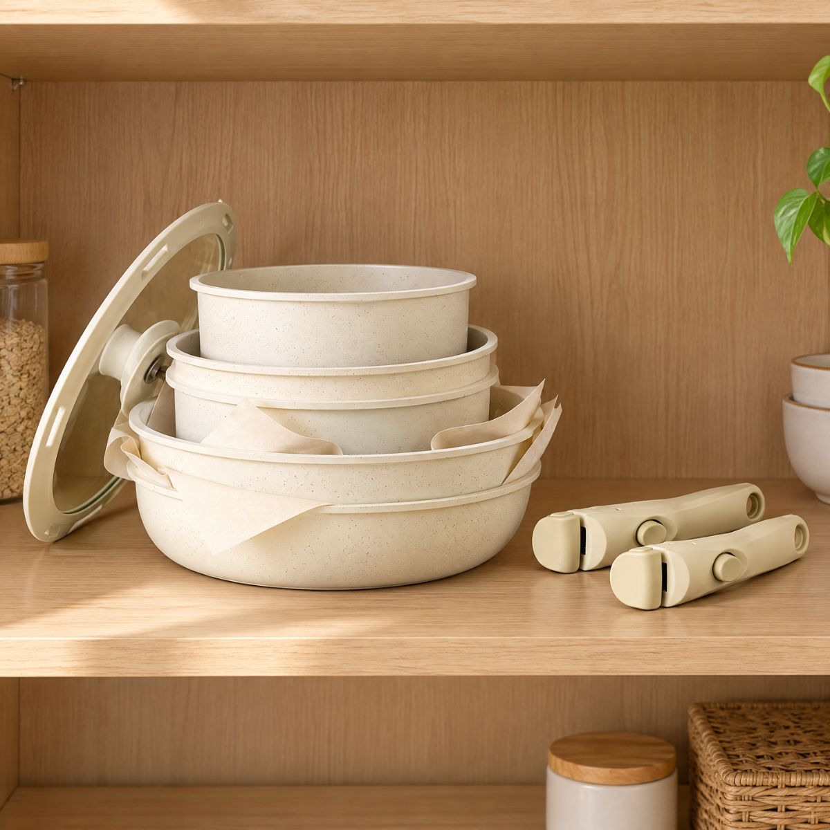Kasane cookware set stacked on one kitchen shelf