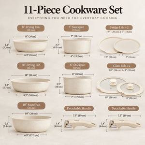 Kasane cookware set contents with the dimensions of each piece