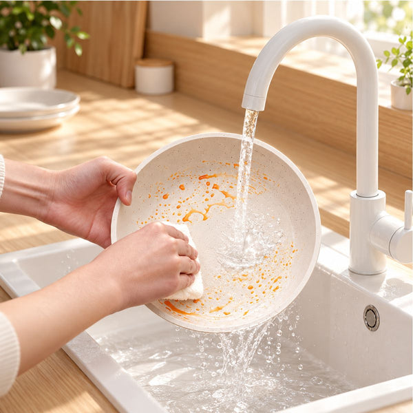 Hand washing a Kasane frying pan under the tap