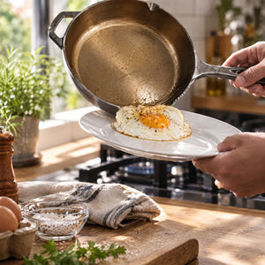 Sliding a fried egg out of the Kazan cast iron skillet onto a plate