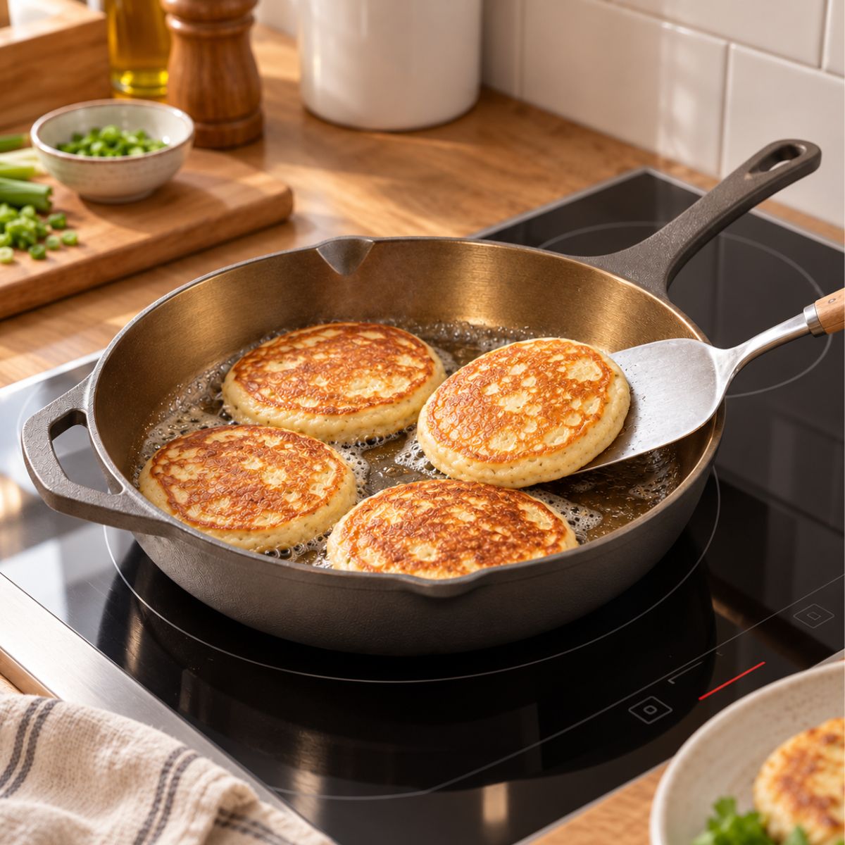 Cooking pancakes in the Kazan cast iron skillet on an induction cooktop