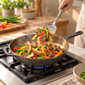 Stir-frying beef and peppers in the Kazan cast iron skillet on a gas stove