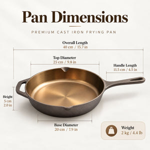 Kazan cast iron skillet dimensions: 9.8 in (25 cm) top diameter, 7.9 in (20 cm) base, 2 in (5 cm) high, 15.7 in (40 cm) long, 4.4 lb (2 kg)