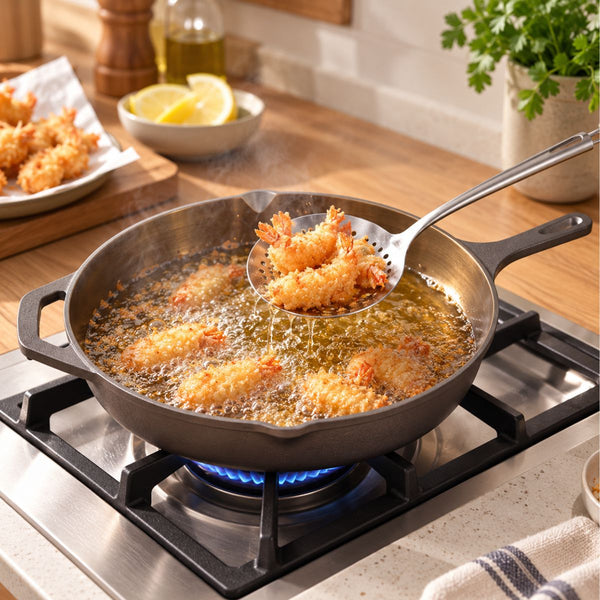 Frying shrimp in the Kazan cast iron skillet on a gas stove