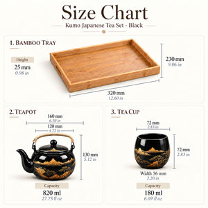Size chart for the Kumo black Japanese tea set with tray, teapot and tea cup dimensions