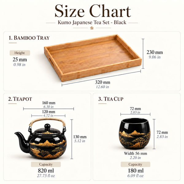 Size chart for the Kumo black Japanese tea set with tray, teapot and tea cup dimensions