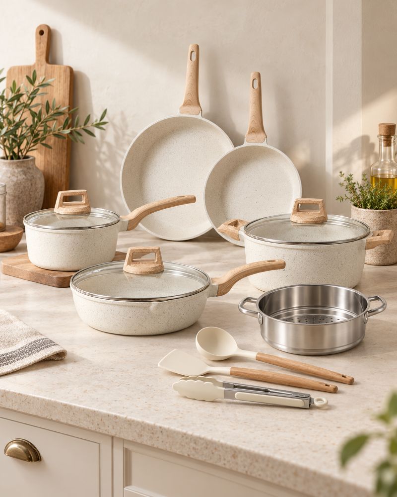 Mikage cookware set and utensils arranged on a kitchen counter