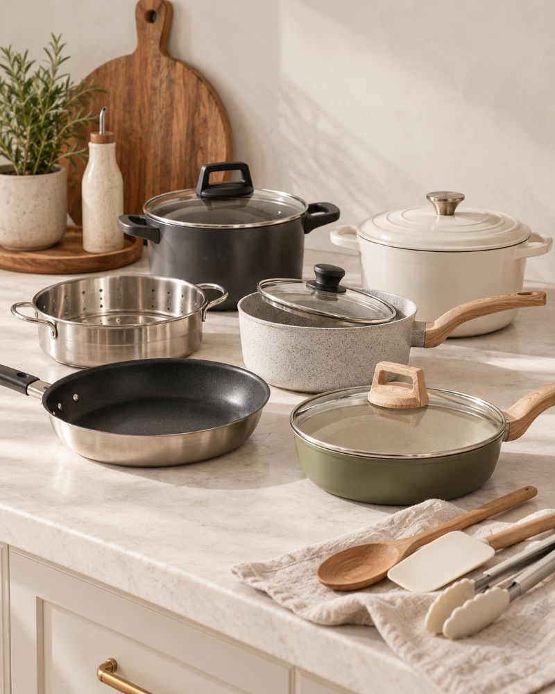 Kitchen counter covered with mismatched pots and pans