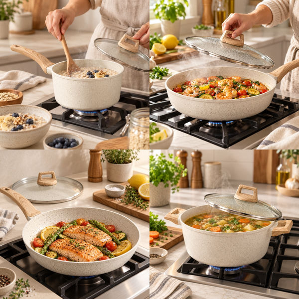 Mikage pans and pots cooking oatmeal, stir-fry, salmon and soup on a gas stove