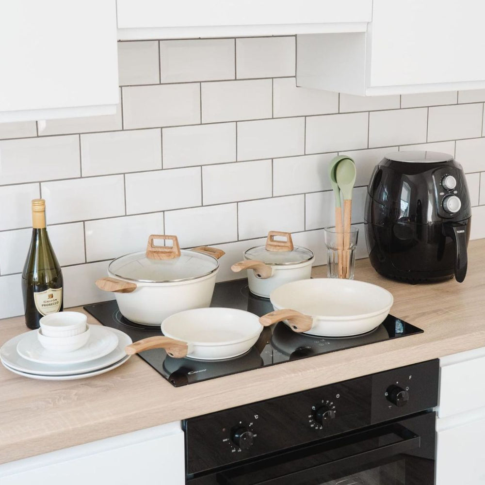 Mikage 12-piece granite nonstick cookware set in ivory with glass lids, steamer and utensils