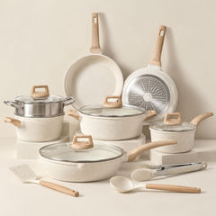 Mikage 12-piece granite nonstick cookware set in ivory with glass lids, steamer and utensils