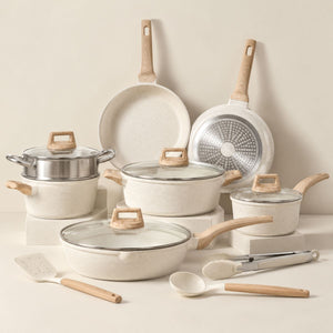 Mikage 12-piece granite nonstick cookware set in ivory with glass lids, steamer and utensils
