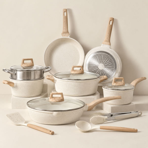 Mikage 12-piece granite nonstick cookware set in ivory with glass lids, steamer and utensils