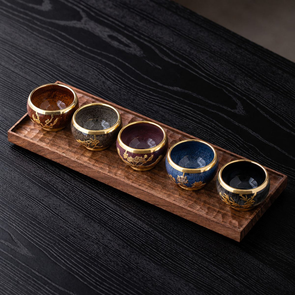 Ming Chinese tea cup set – 5 Glazed ceramic cups with gold detailing