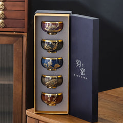 Ming Chinese tea cup set – 5 Glazed ceramic cups with gold detailing